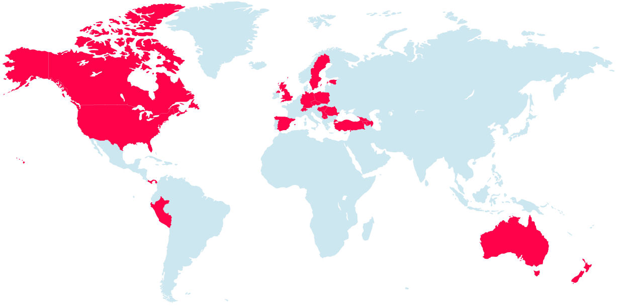 Svetska mapa sa zemljama u kojima je Brick aktivan označenim crvenom bojom